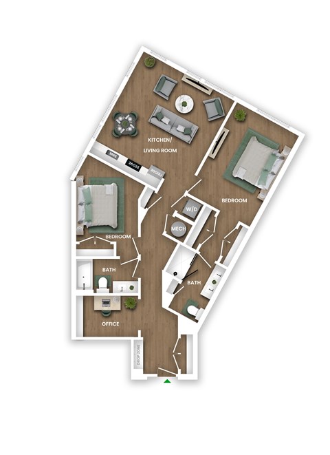 Floor plan for 2 beds, 2 baths, 1225 sqft